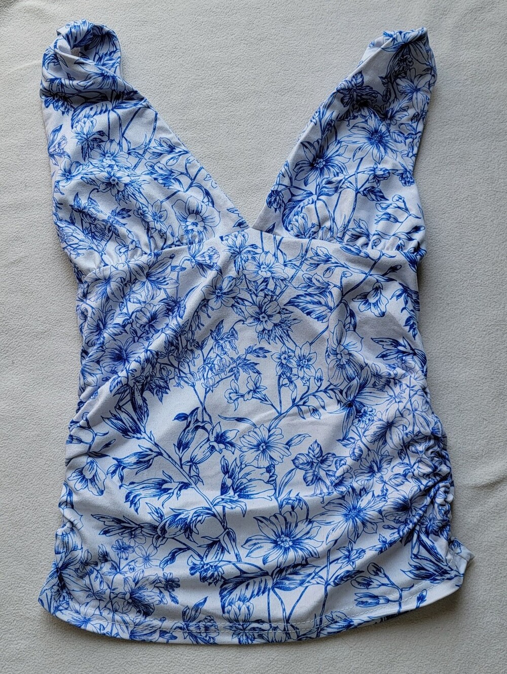 Blue and White Floral V-Neck Tank Top
